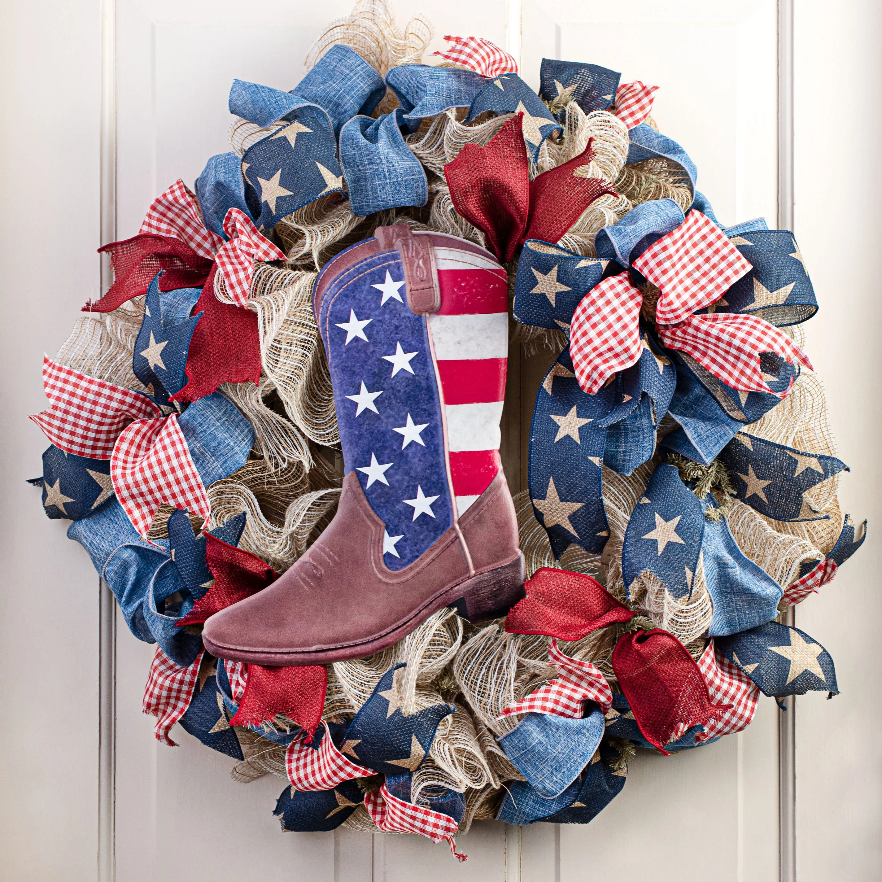 12.5" Metal Embossed Hanger: American Flag Cowboy Boot
