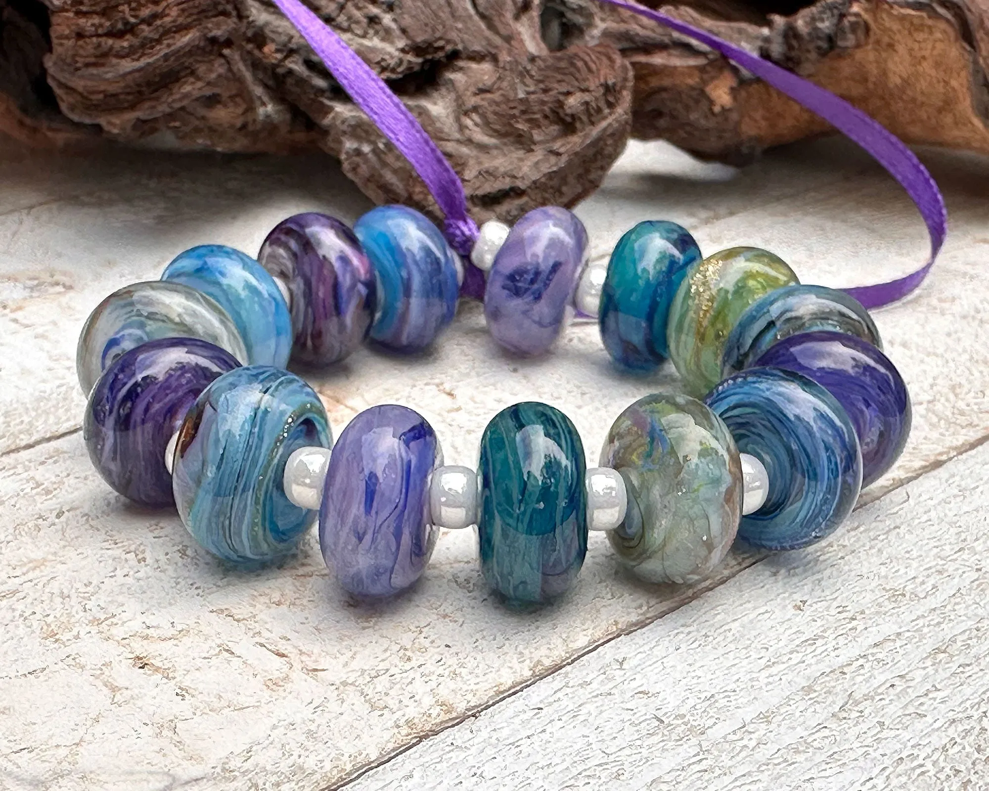 14 Blue Purple Orphan Lampwork Beads Set SRA