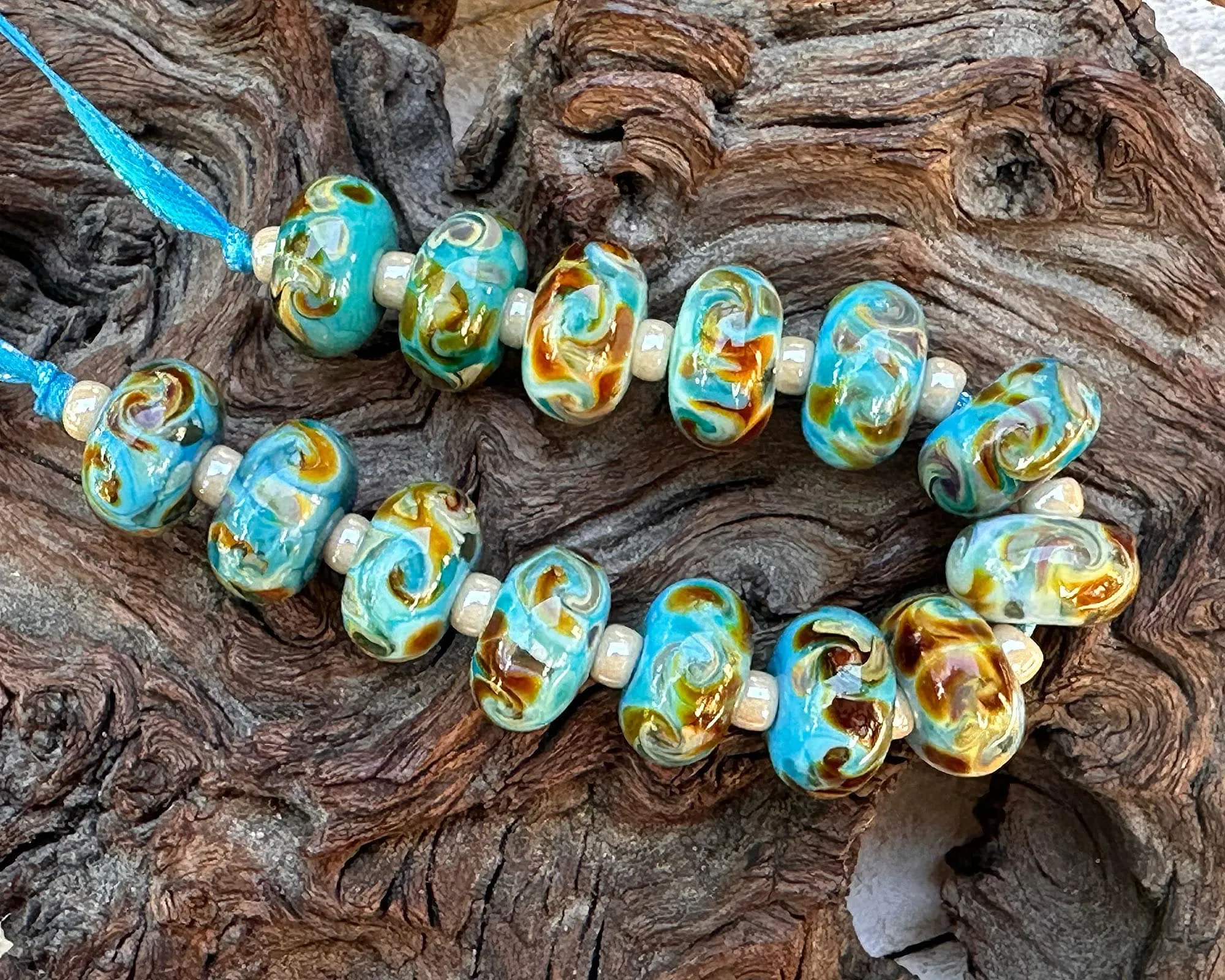 14 Turquoise Brown Swirls Lampwork Beads Set SRA