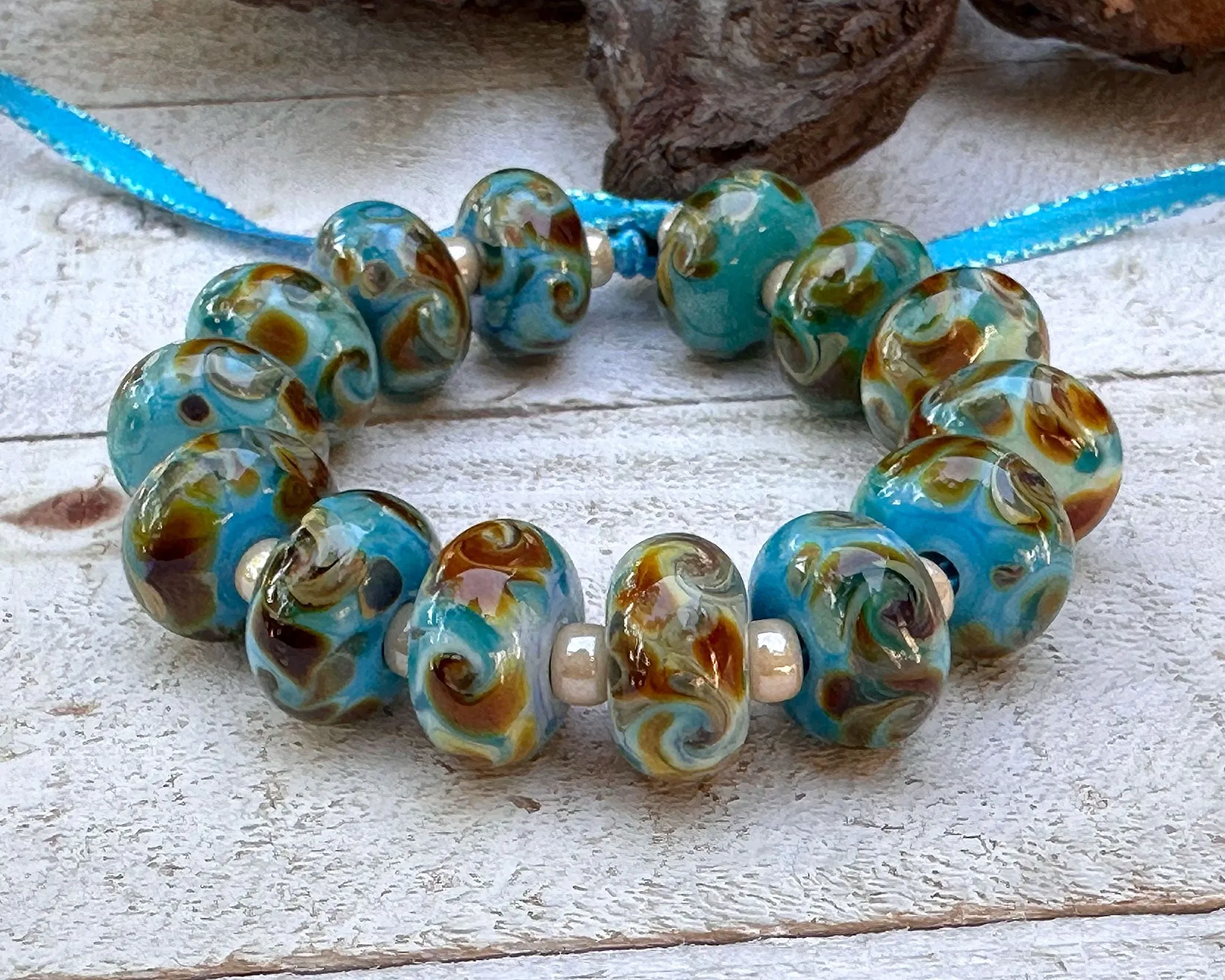 14 Turquoise Brown Swirls Lampwork Beads Set SRA