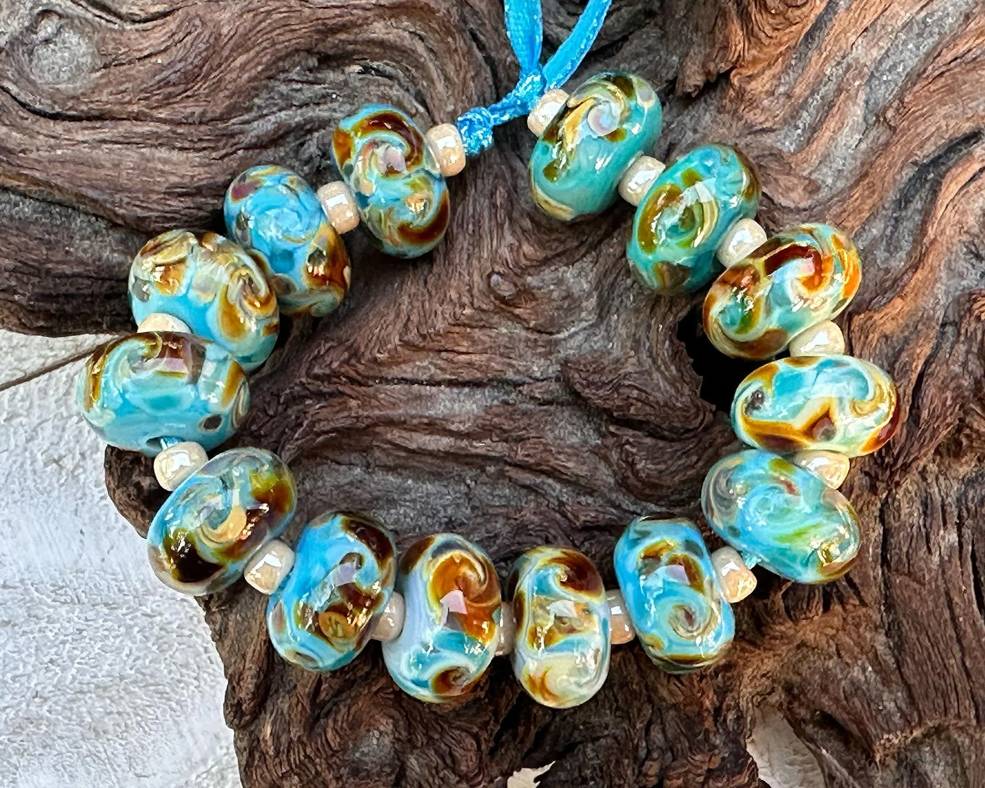 14 Turquoise Brown Swirls Lampwork Beads Set SRA