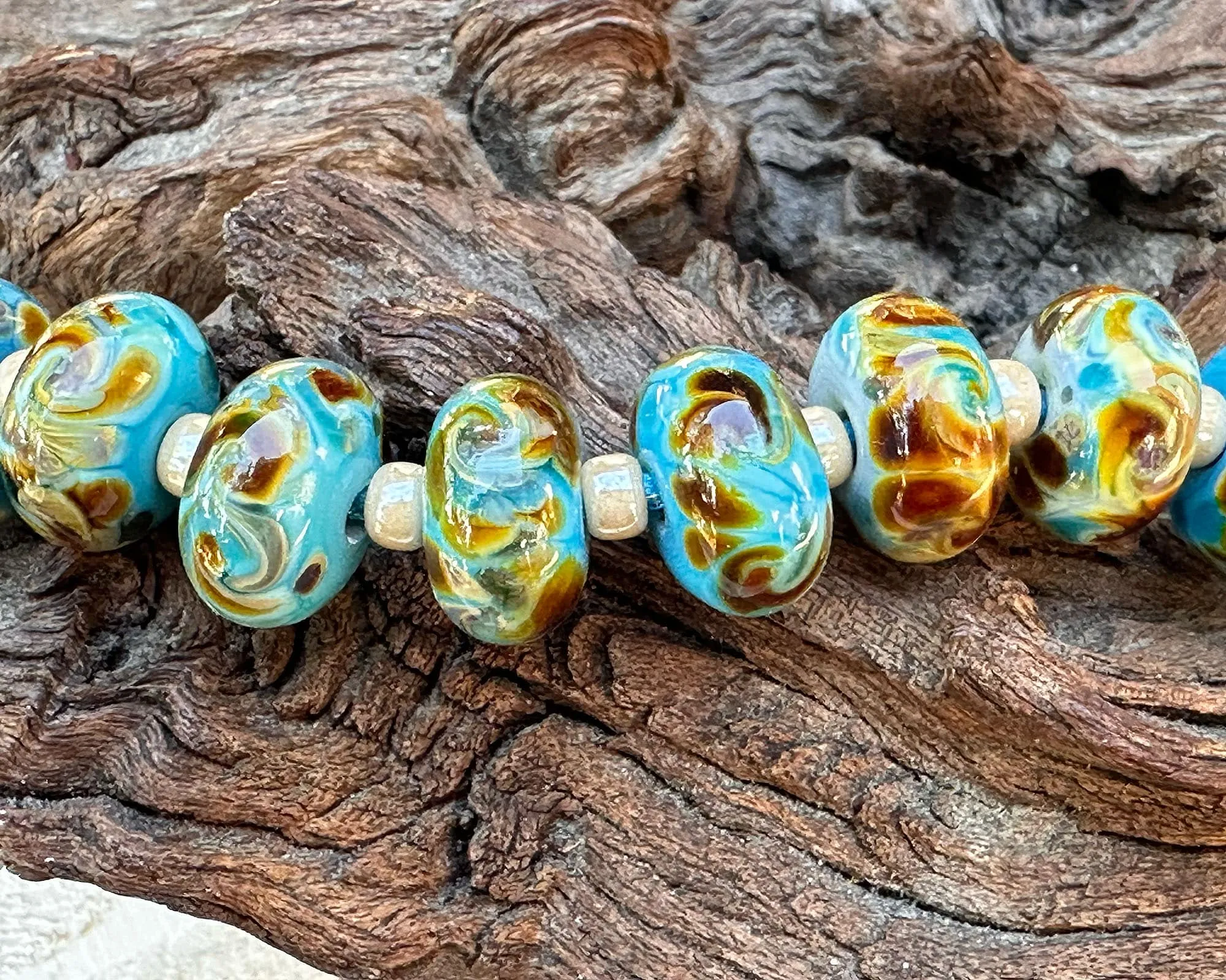 14 Turquoise Brown Swirls Lampwork Beads Set SRA