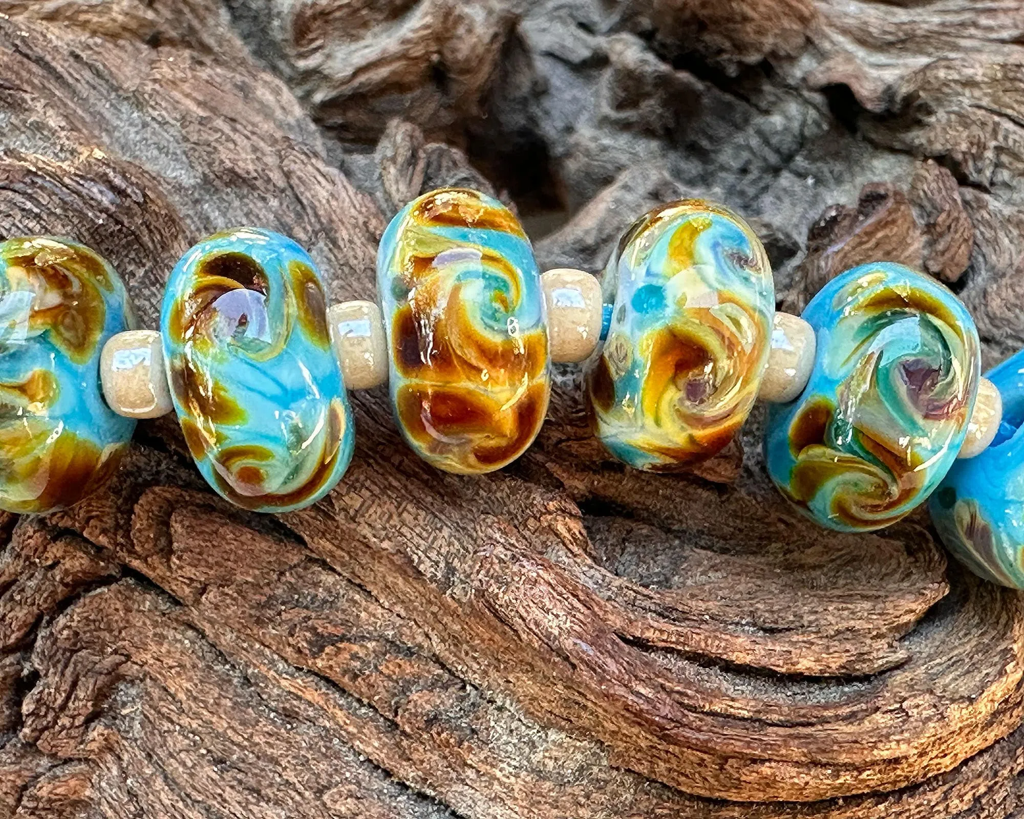 14 Turquoise Brown Swirls Lampwork Beads Set SRA