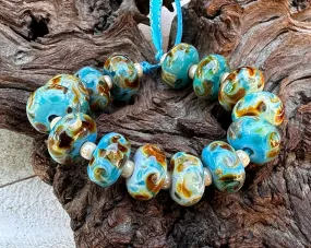 14 Turquoise Brown Swirls Lampwork Beads Set SRA