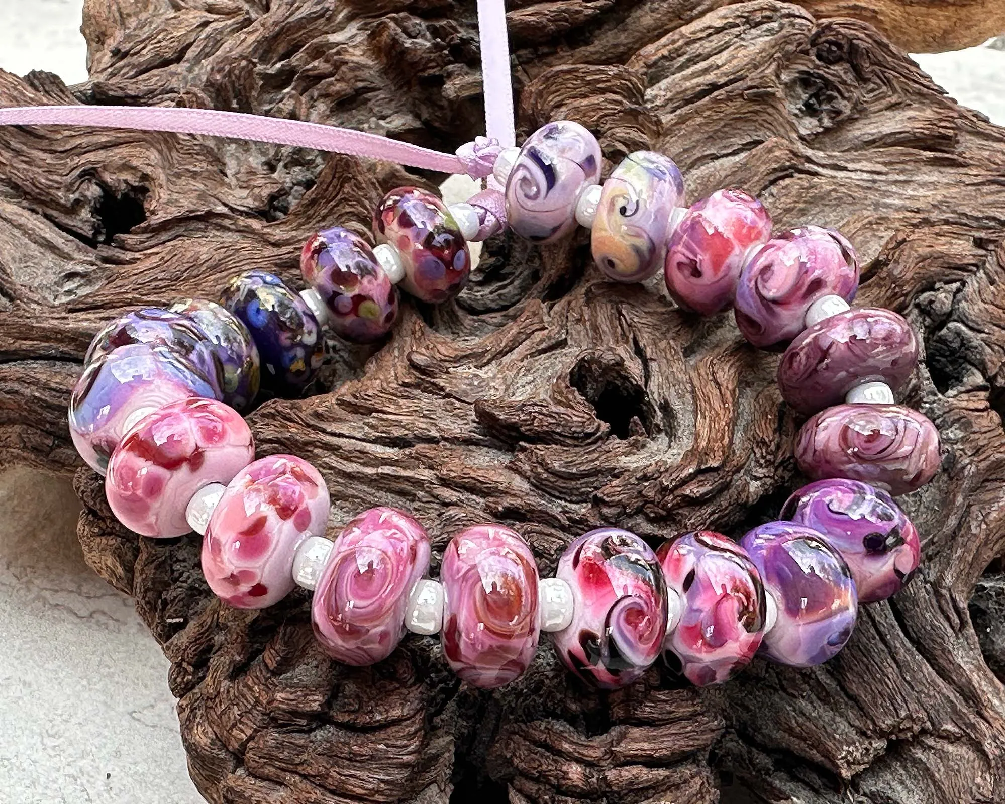 20 Pink Violet Swirl Lampwork Beads Set SRA