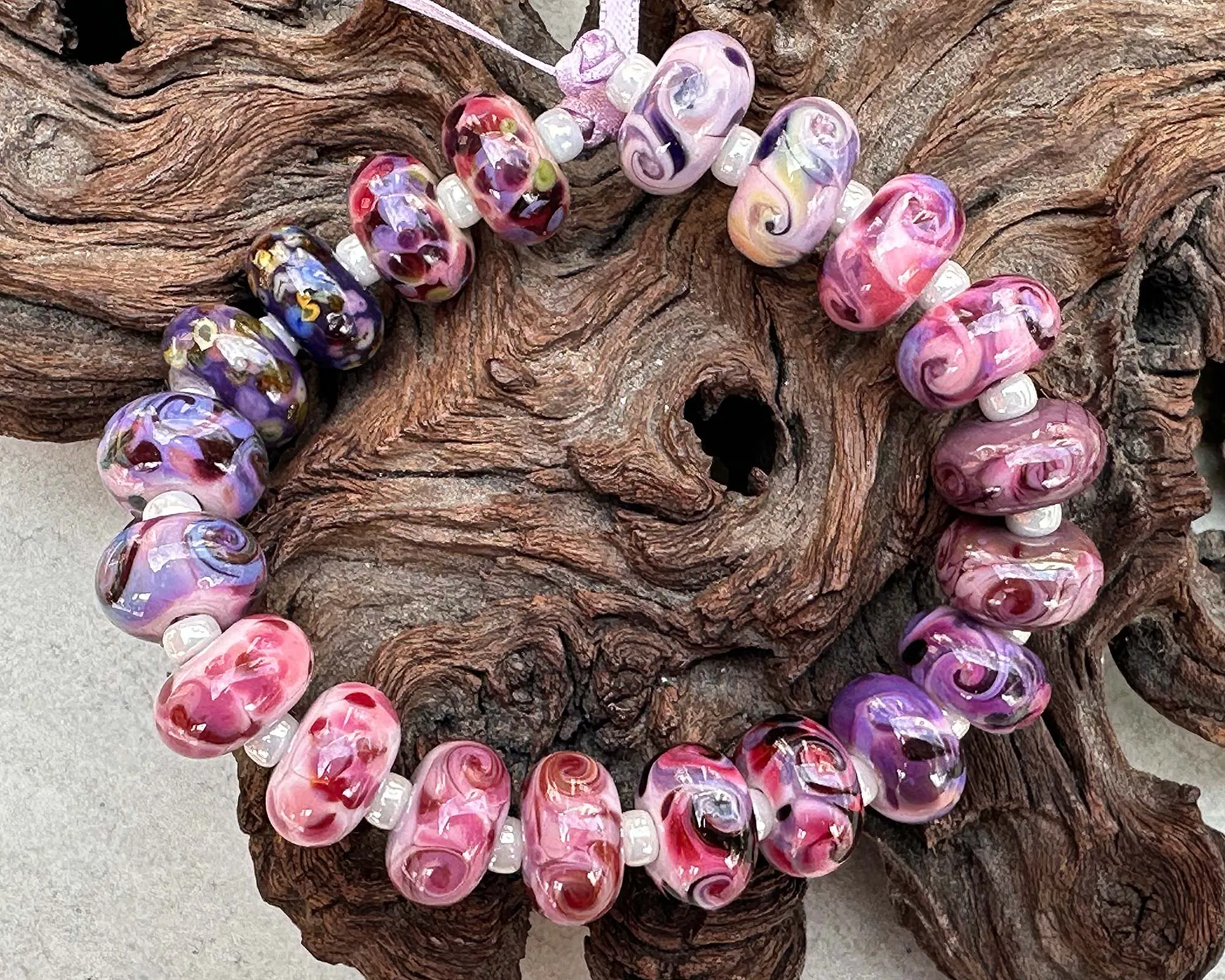 20 Pink Violet Swirl Lampwork Beads Set SRA