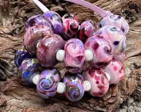 20 Pink Violet Swirl Lampwork Beads Set SRA