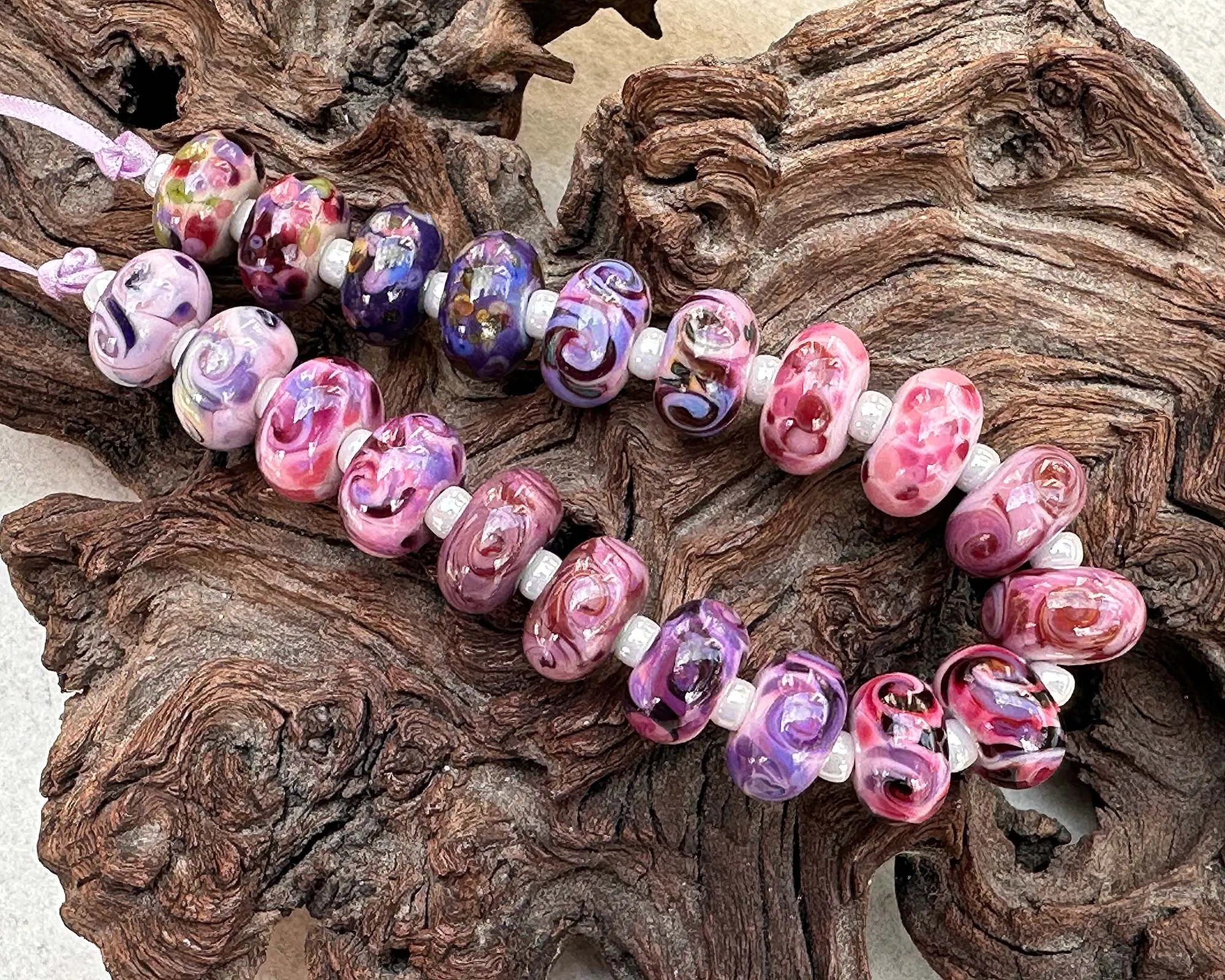 20 Pink Violet Swirl Lampwork Beads Set SRA