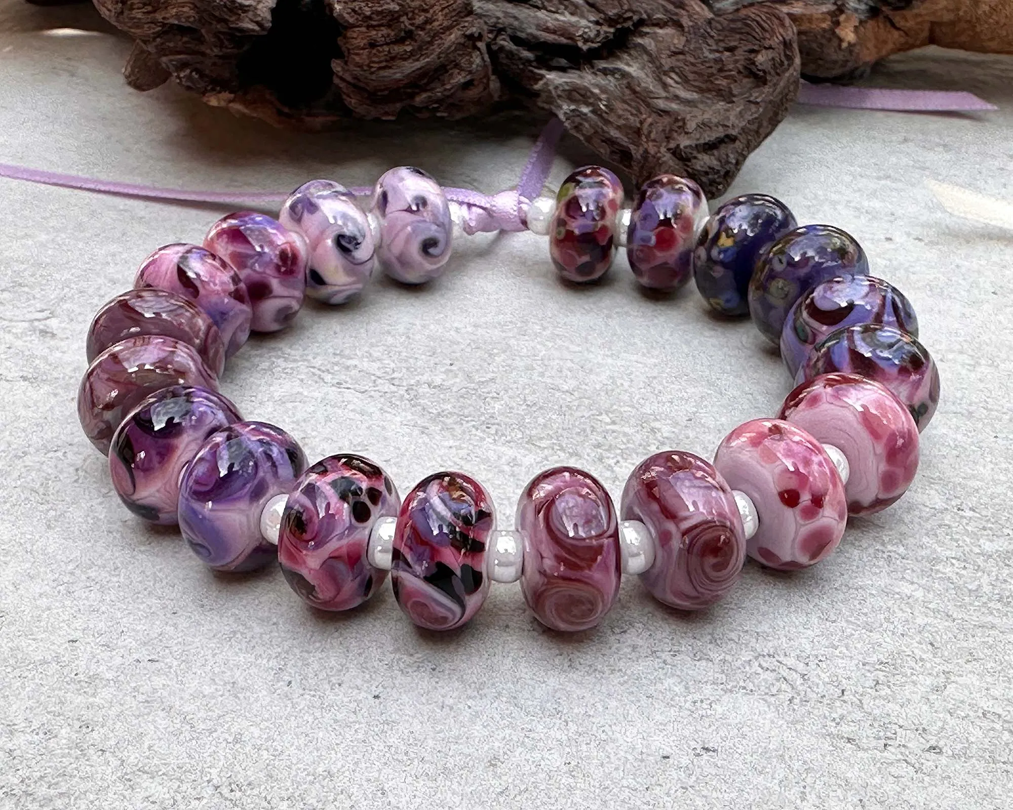 20 Pink Violet Swirl Lampwork Beads Set SRA