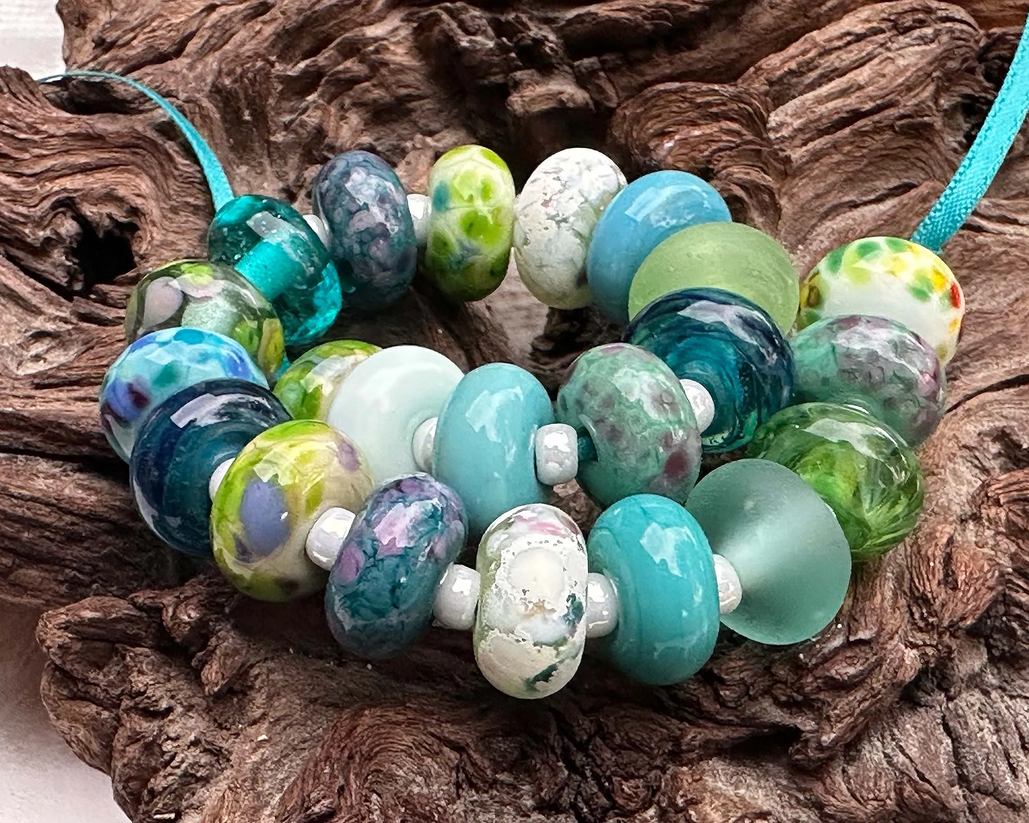 22 Blue Green Orphan Lampwork Beads Set SRA