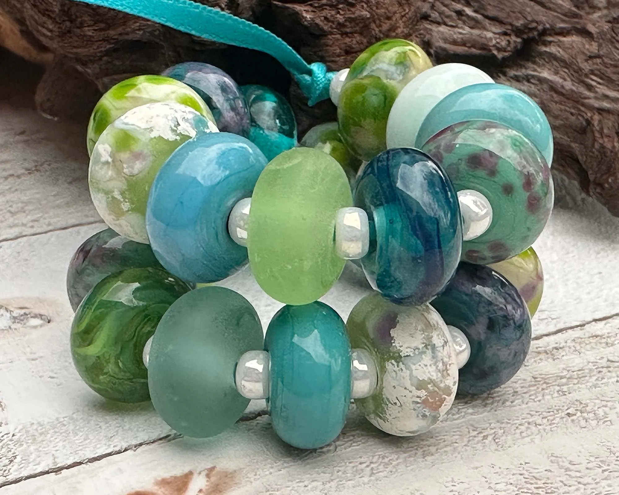 22 Blue Green Orphan Lampwork Beads Set SRA