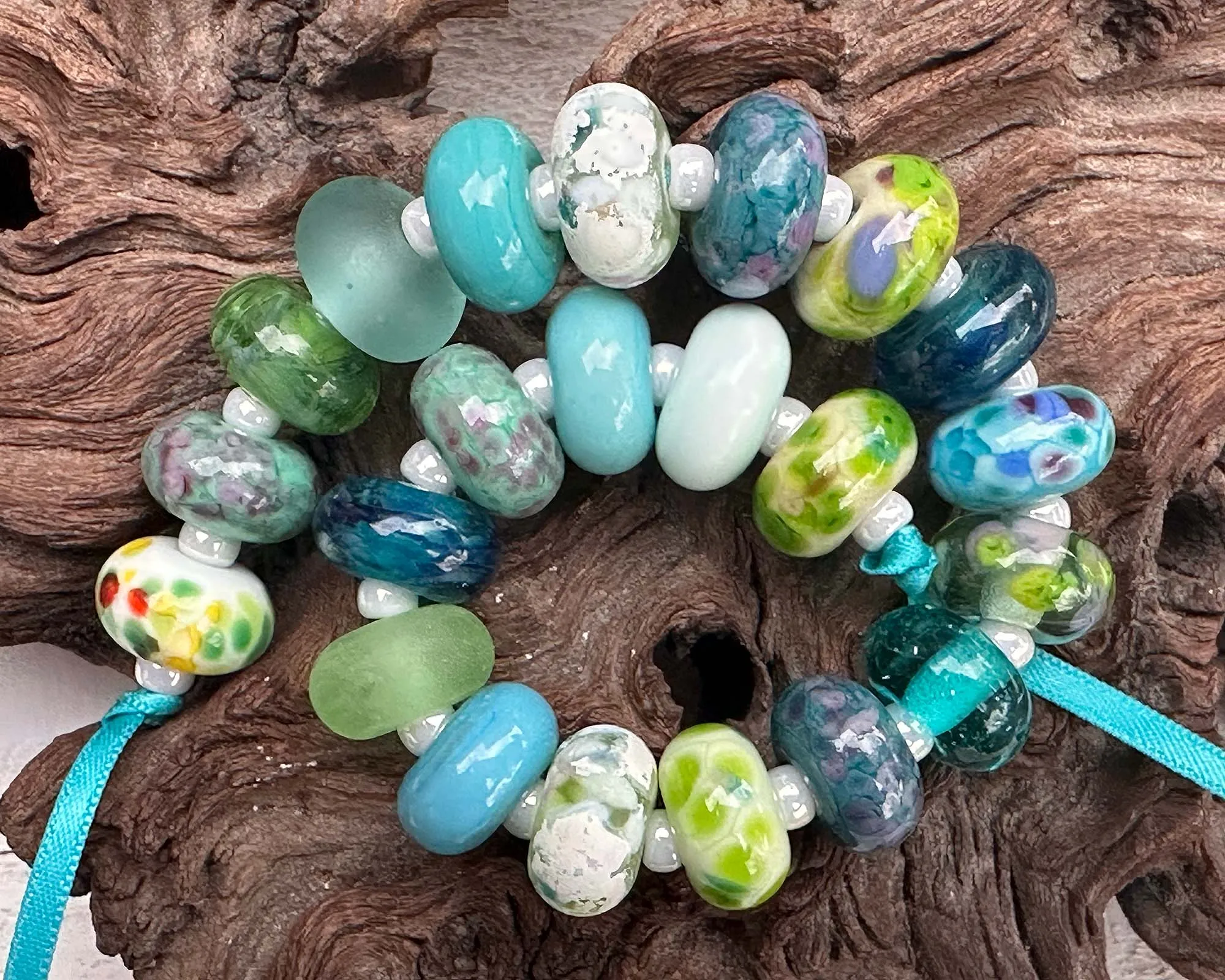 22 Blue Green Orphan Lampwork Beads Set SRA