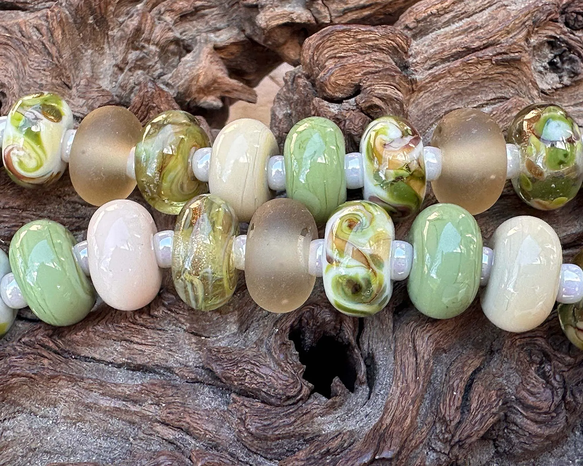 25 Mossy Oak Green Lampwork Beads Set SRA