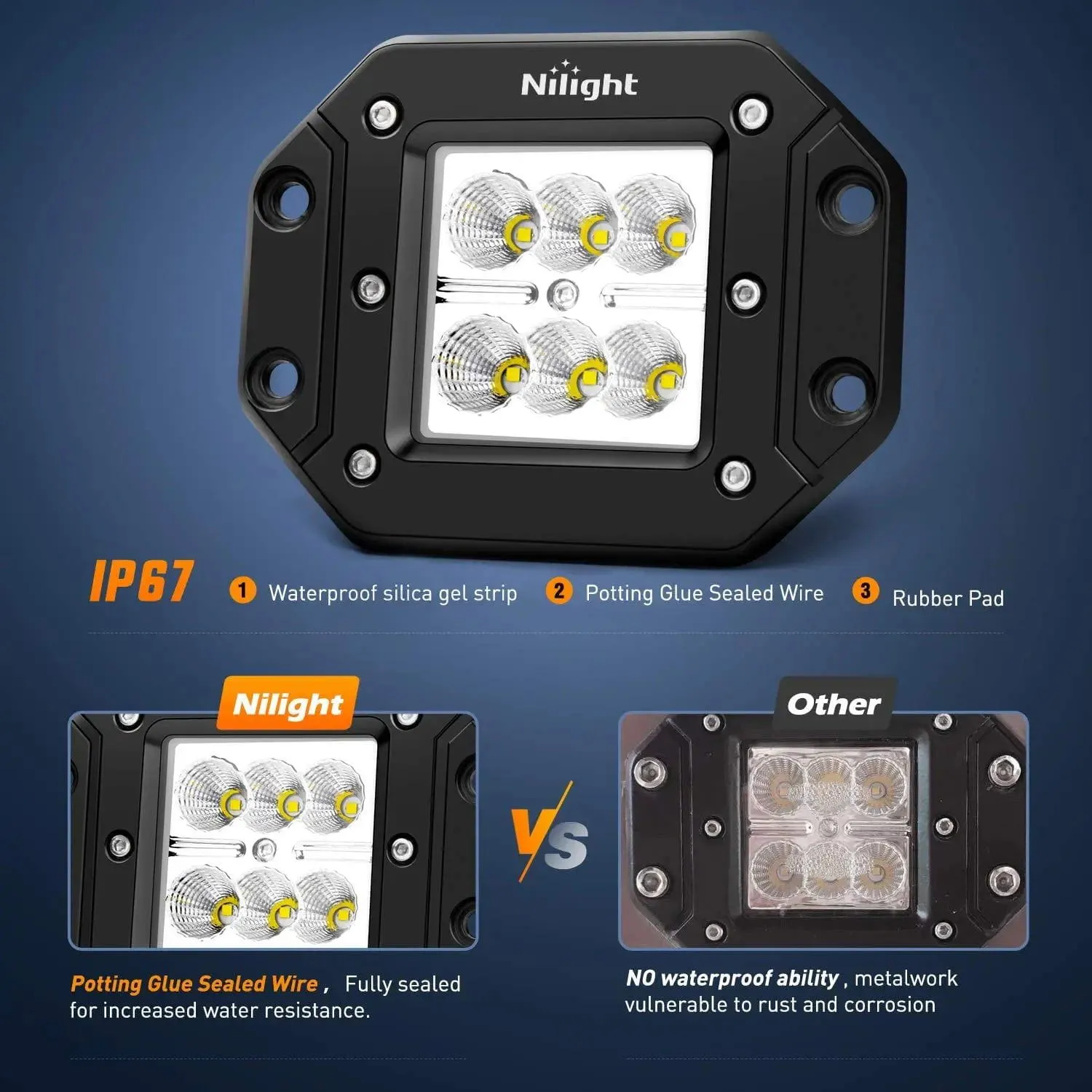 4.8 Inch 18W Flush Mount Flood LED Work Light Kit | 10FT Wire 3Pin Switch