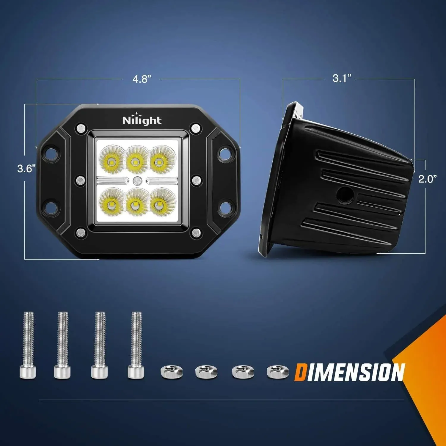 4.8 Inch 18W Flush Mount Flood LED Work Light Kit | 10FT Wire 3Pin Switch