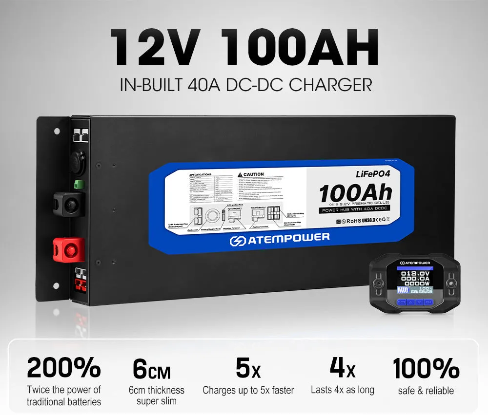 Atem Power 12V 100Ah Slimline Lithium Battery Built-in 40A DC-DC Charger