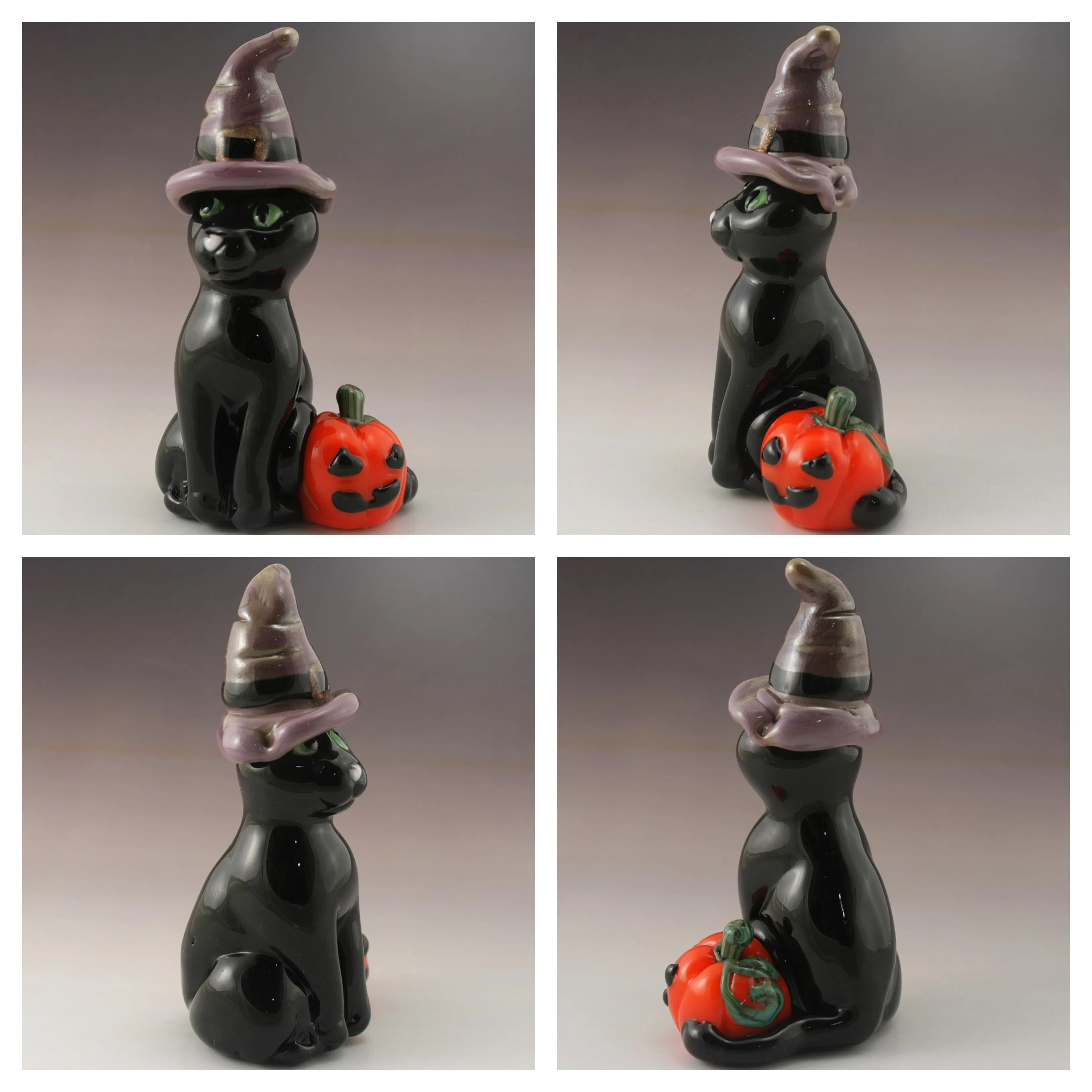 Black Cat with Halloween Witches Hat and Jack-O-Lantern Sculpture