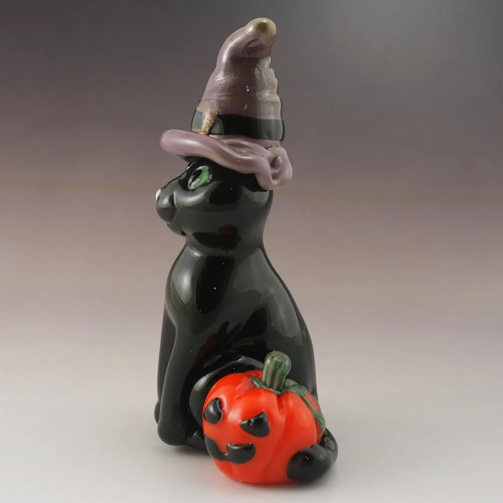 Black Cat with Halloween Witches Hat and Jack-O-Lantern Sculpture
