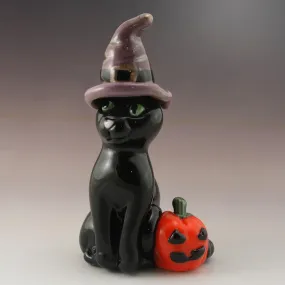 Black Cat with Halloween Witches Hat and Jack-O-Lantern Sculpture