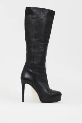 Black Leather Concealed Platform Knee High Boot