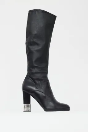 Black Leather Crystal Heel Boot