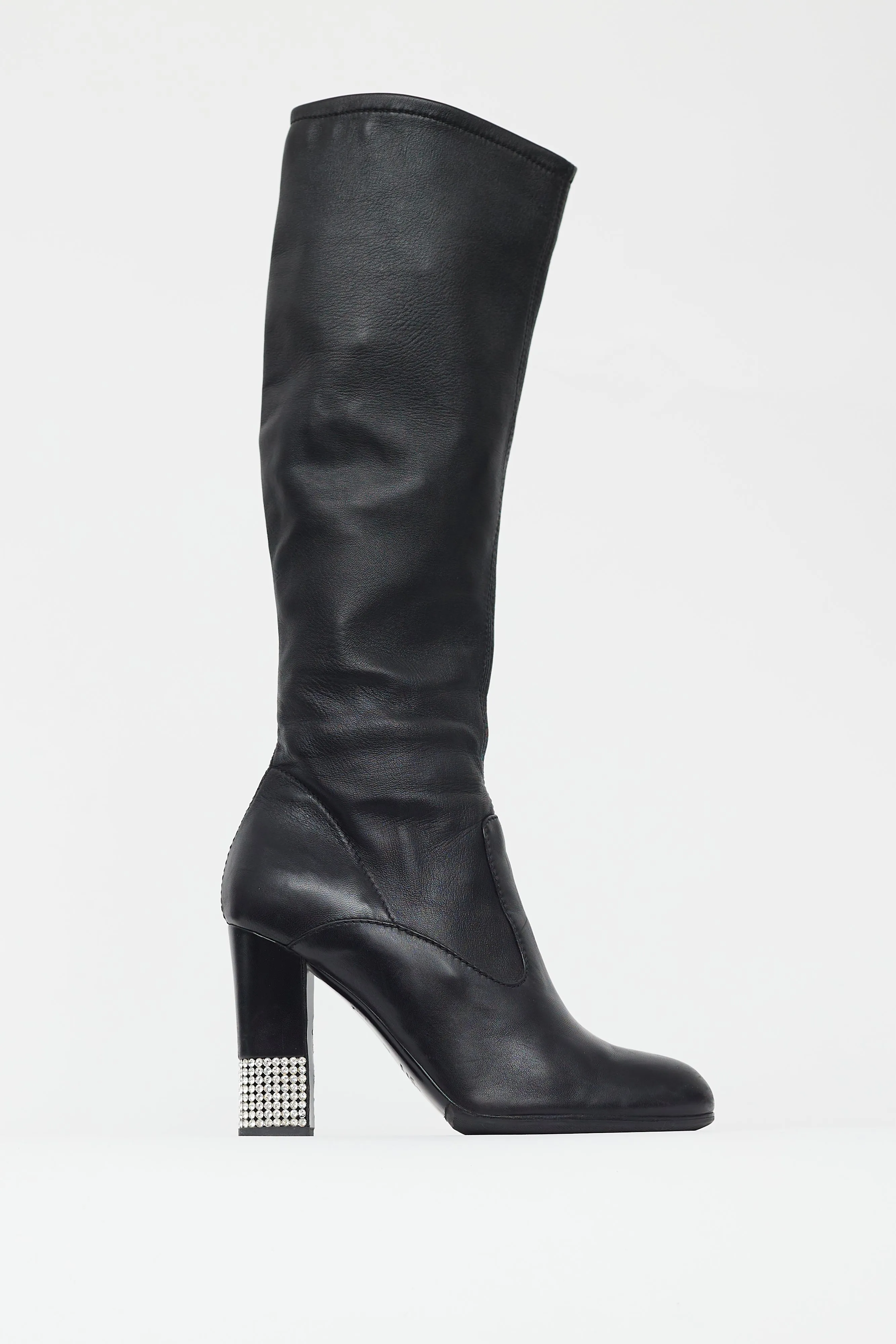 Black Leather Crystal Heel Boot