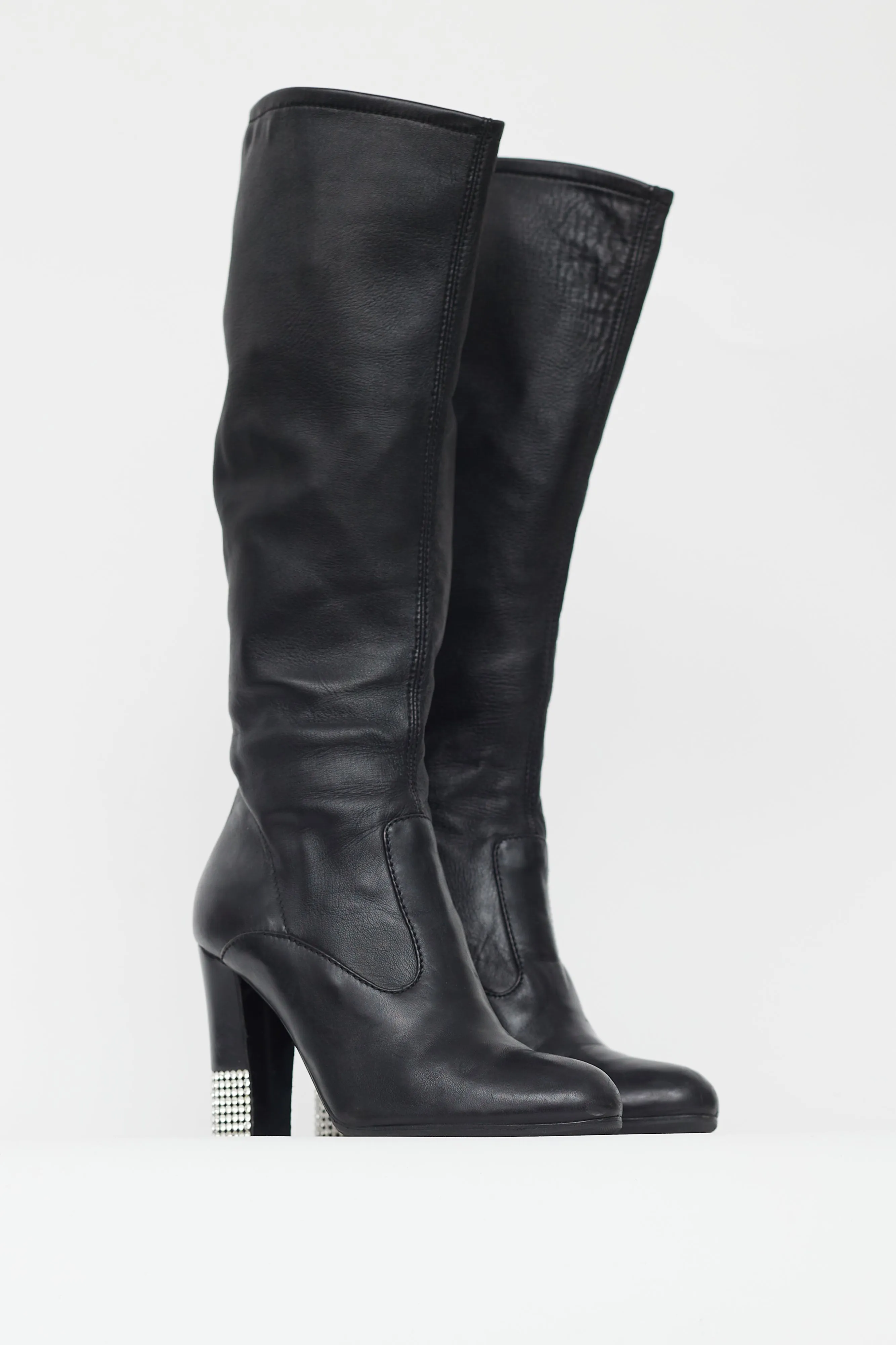 Black Leather Crystal Heel Boot