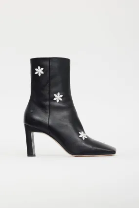 Black Leather Flower Boot