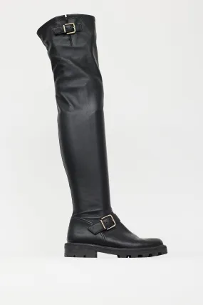 Black Leather Gold Buckle Knee High Boot