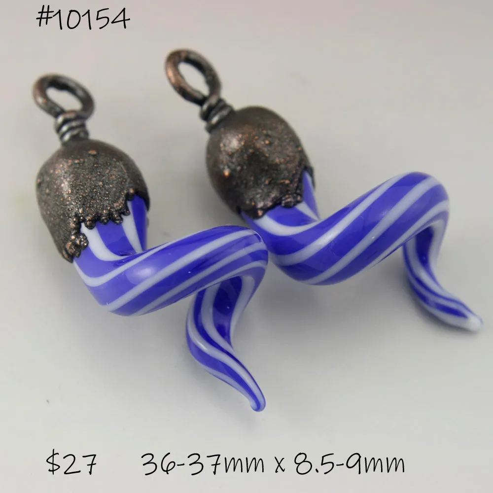 Blue and White Pinstripes Curly Spirals with Copper Electroforming