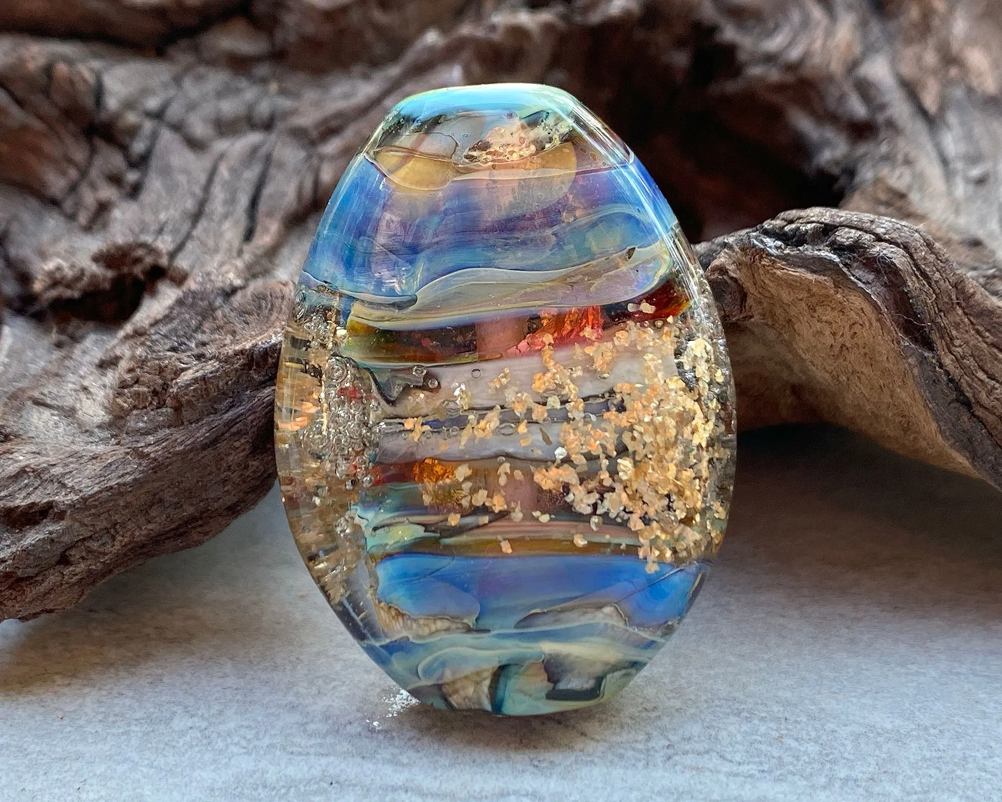 Blue Gold Mica Organic Lampwork Focal Bead SRA