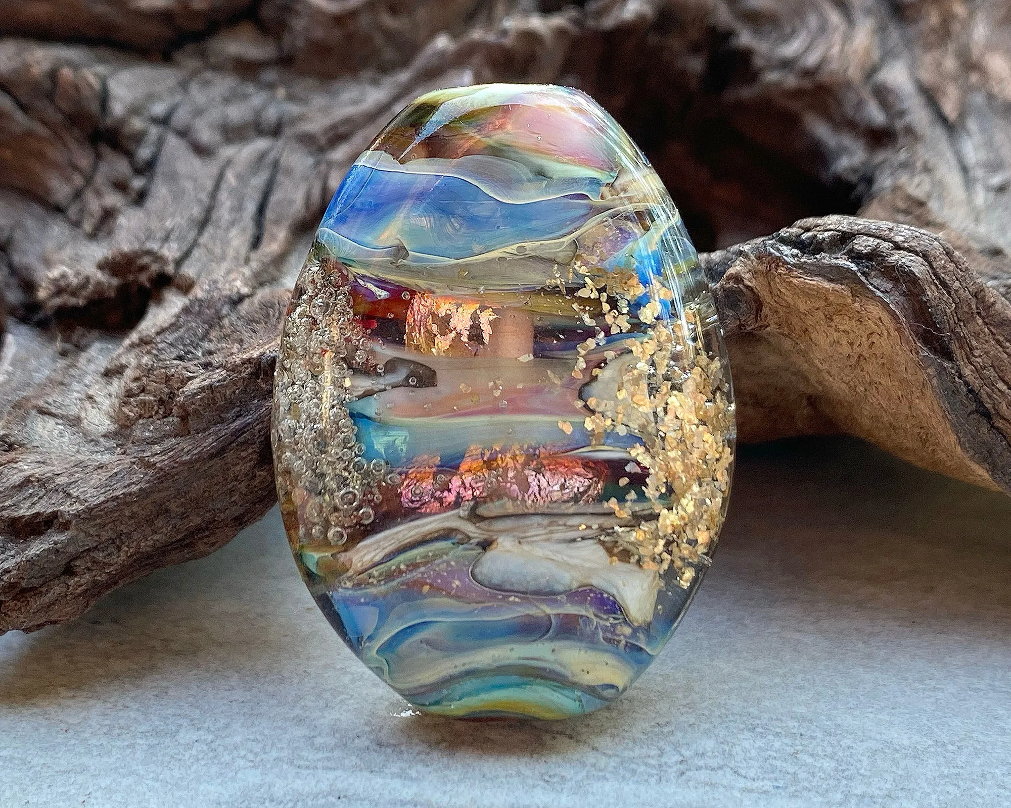 Blue Gold Mica Organic Lampwork Focal Bead SRA