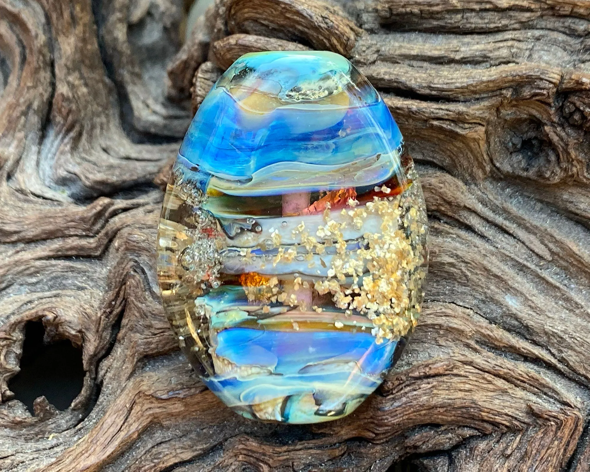 Blue Gold Mica Organic Lampwork Focal Bead SRA