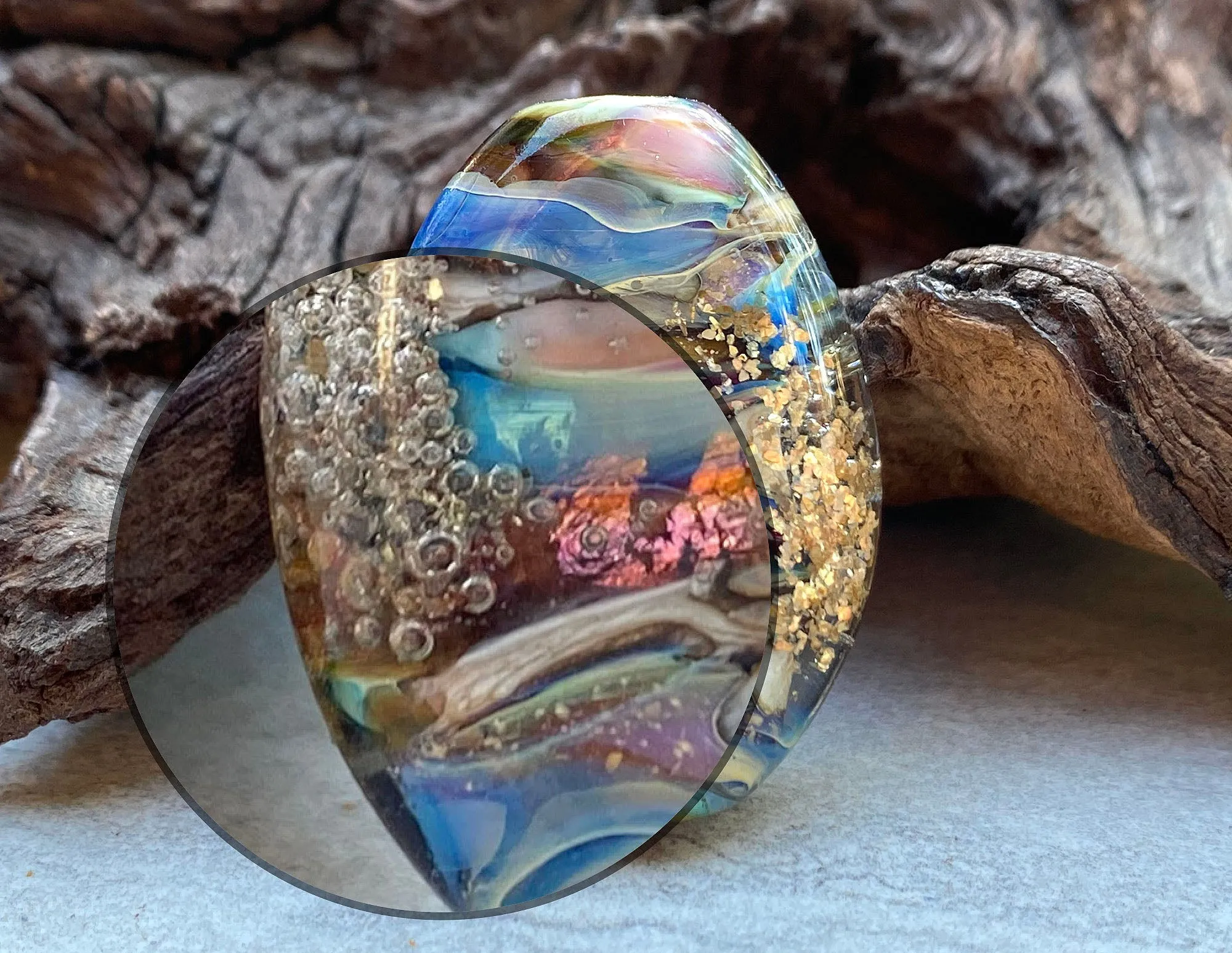 Blue Gold Mica Organic Lampwork Focal Bead SRA