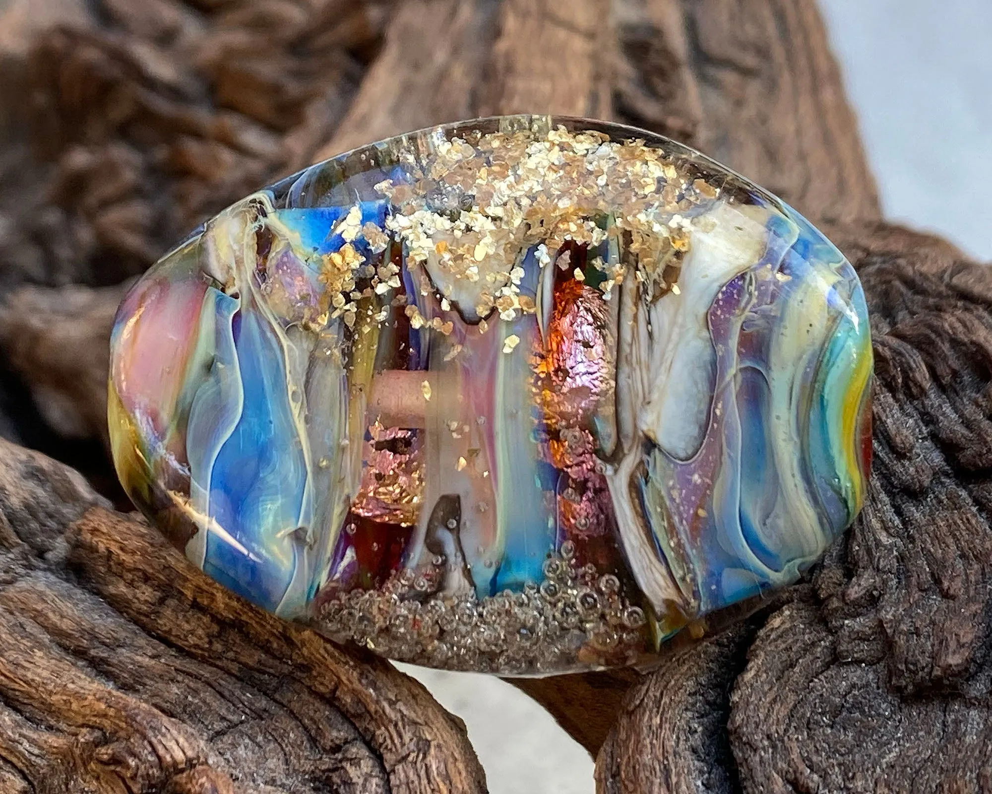 Blue Gold Mica Organic Lampwork Focal Bead SRA
