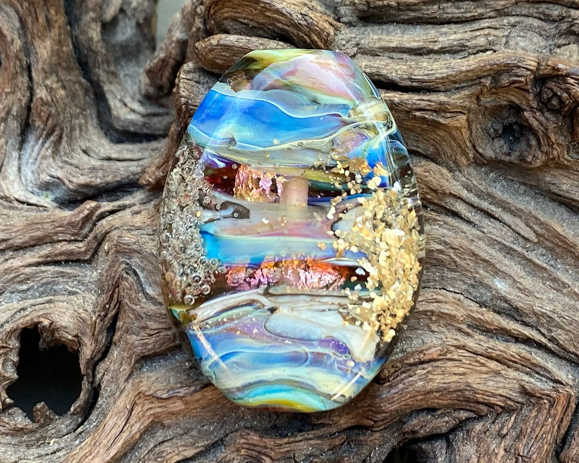 Blue Gold Mica Organic Lampwork Focal Bead SRA