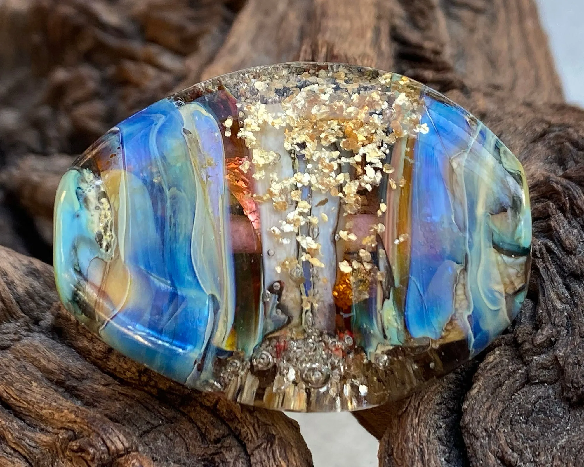 Blue Gold Mica Organic Lampwork Focal Bead SRA