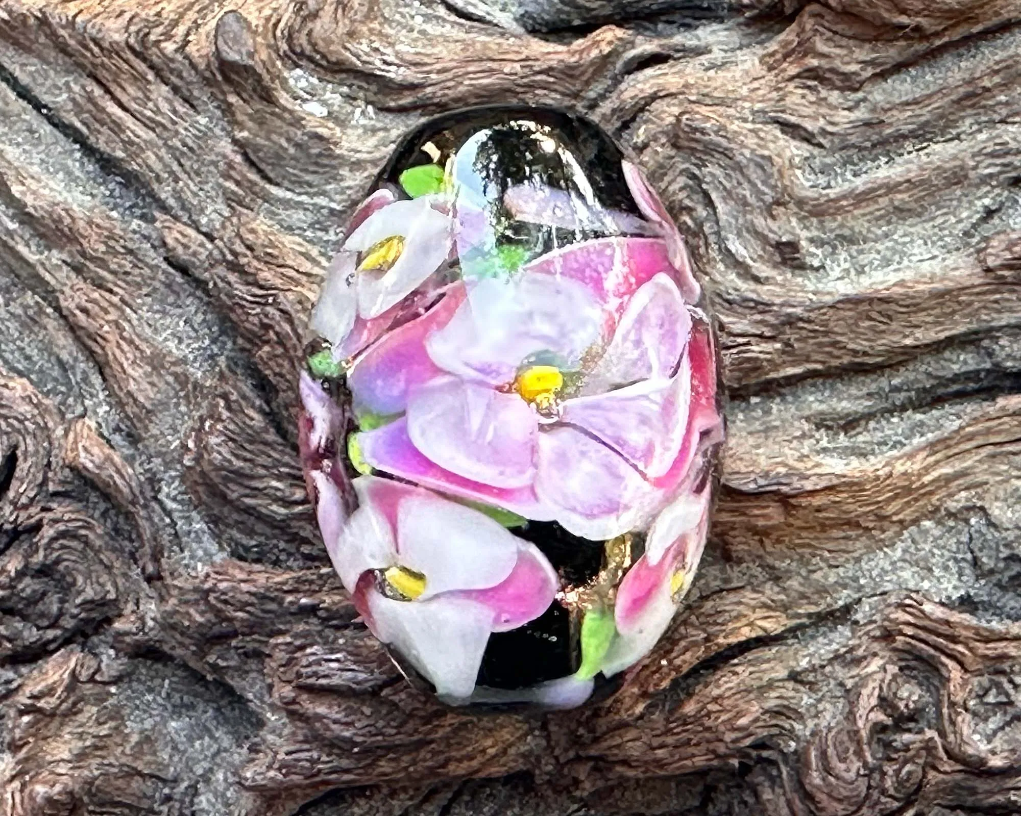 Enchanting Pink Floral Lampwork Focal Bead SRA