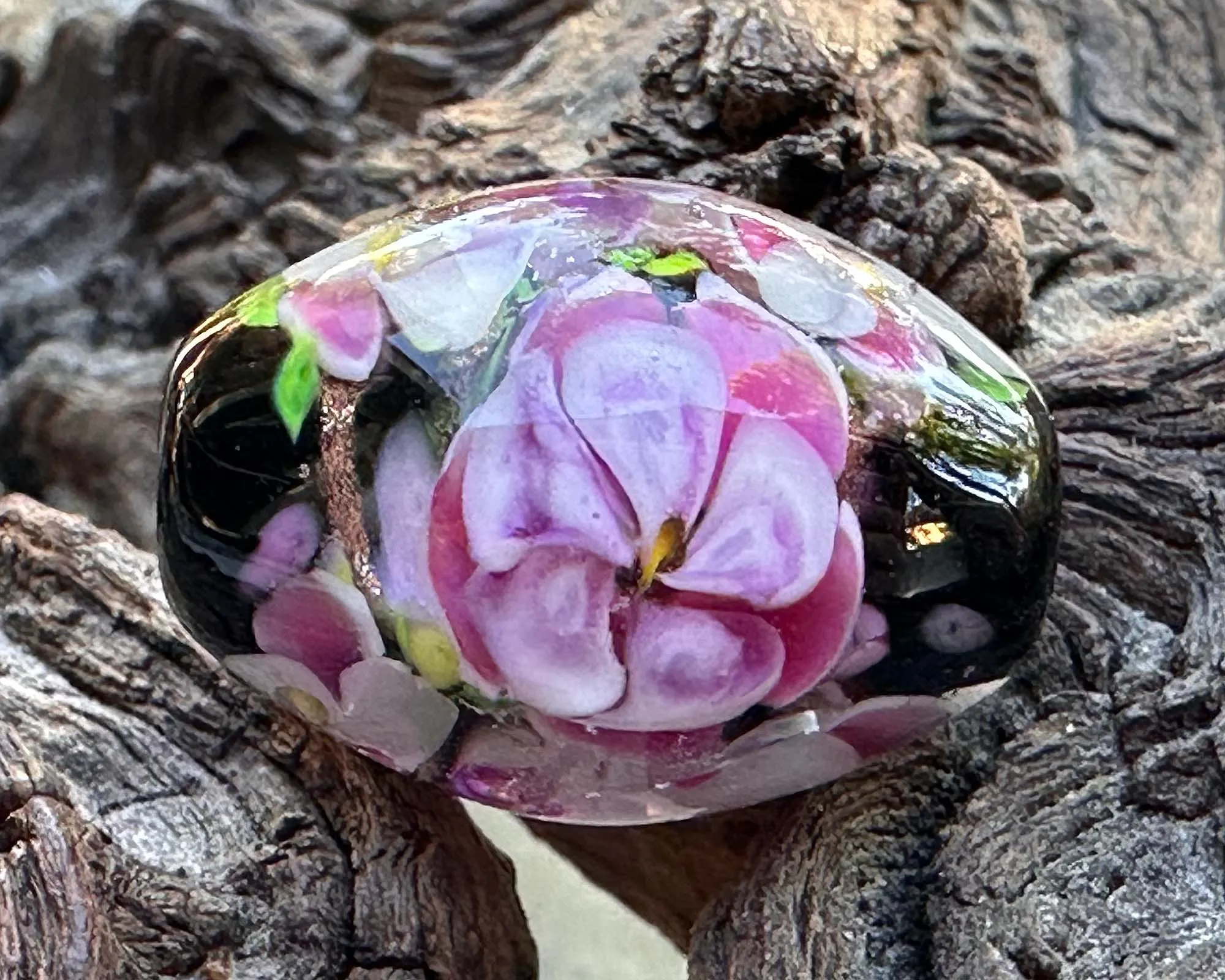 Enchanting Pink Floral Lampwork Focal Bead SRA