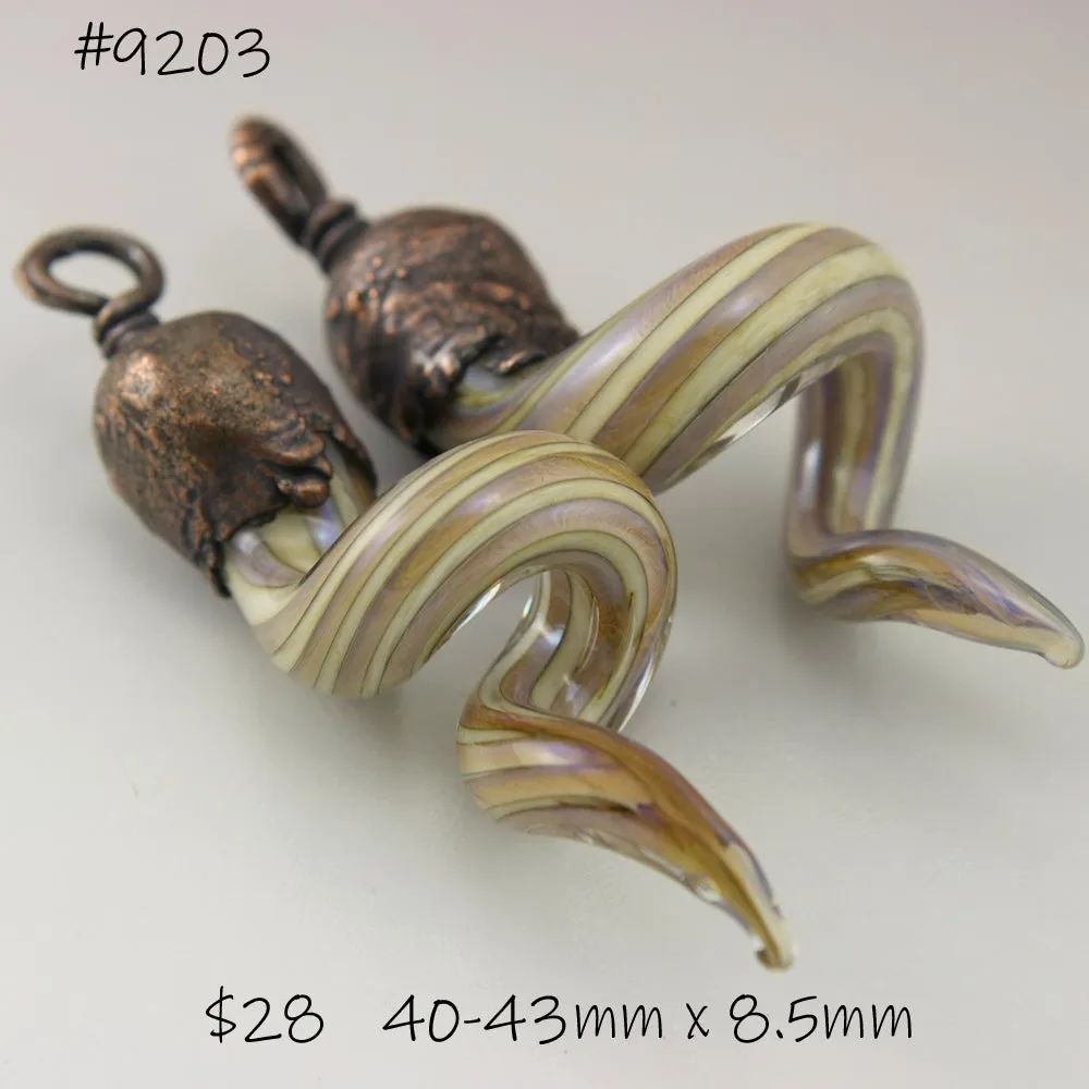 Ivory and Earthy Pink Pinstripes Curly Spirals with Copper Electroforming