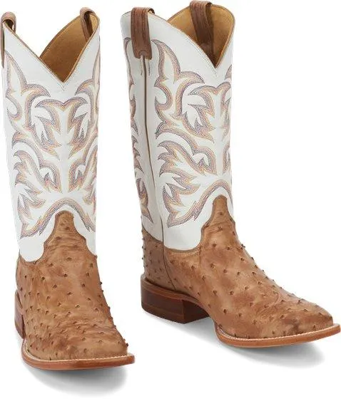 Justin Men's Pascoe Antique Tan & White Full Quill Ostrich Exotic Western Boots 8572