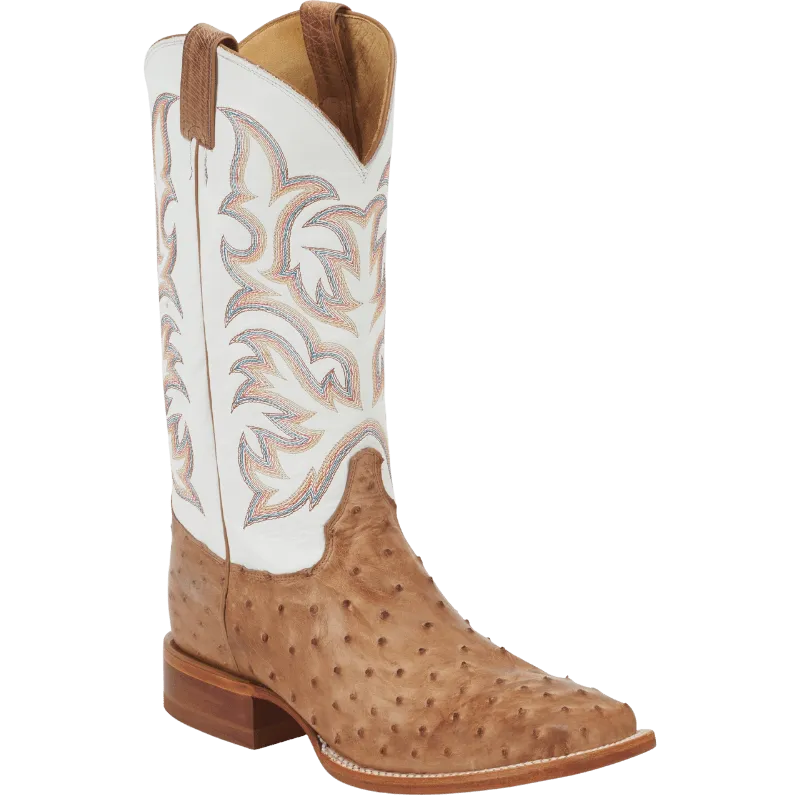 Justin Men's Pascoe Antique Tan & White Full Quill Ostrich Exotic Western Boots 8572