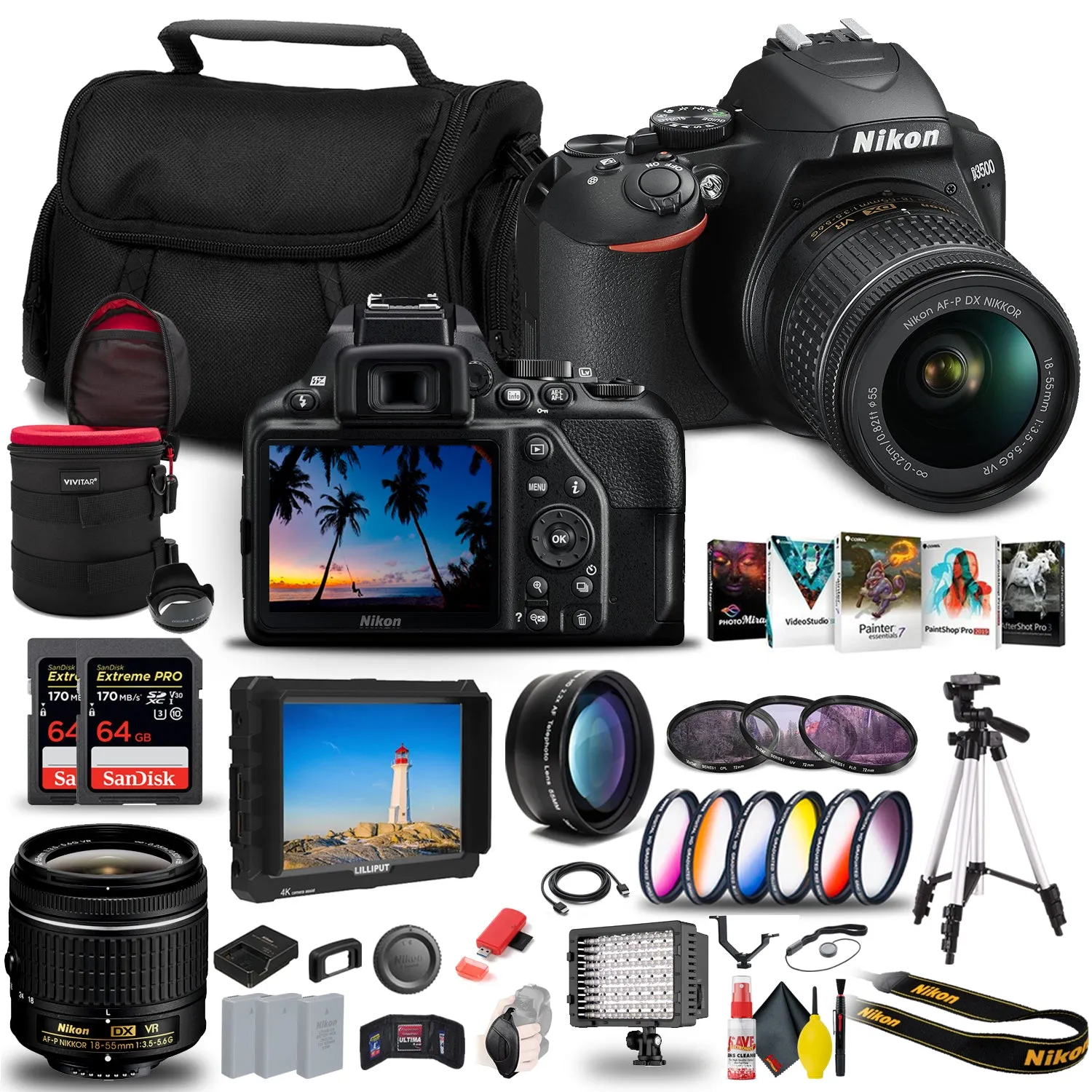 Nikon D3500 DSLR Camera with 18-55mm Lens (1590)   4K Monitor   2 x 64GB Extreme Pro Card Tripod Bundle