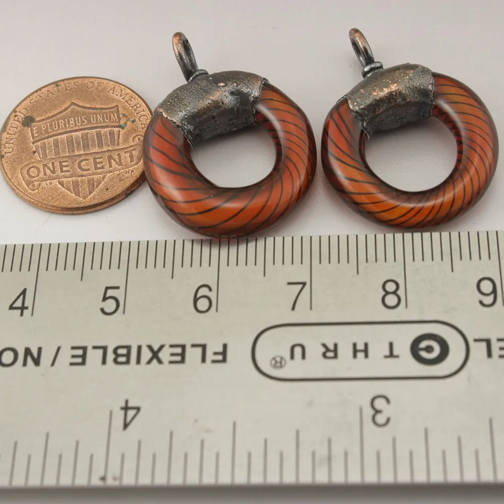 Orange Goldstone Black Pinstripes Helix Twist Circle with Copper Electroforming