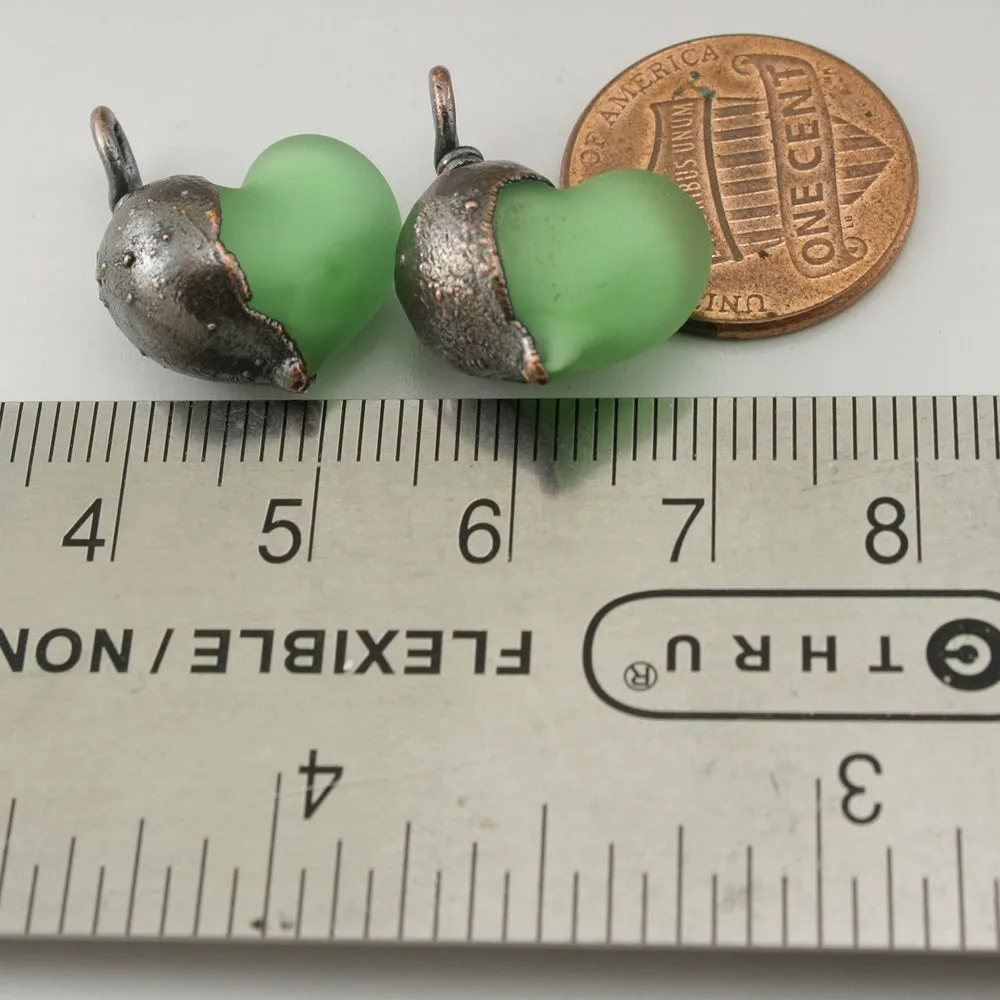 Pale Emerald Green Etched Hearts with Copper Electroforming Pair