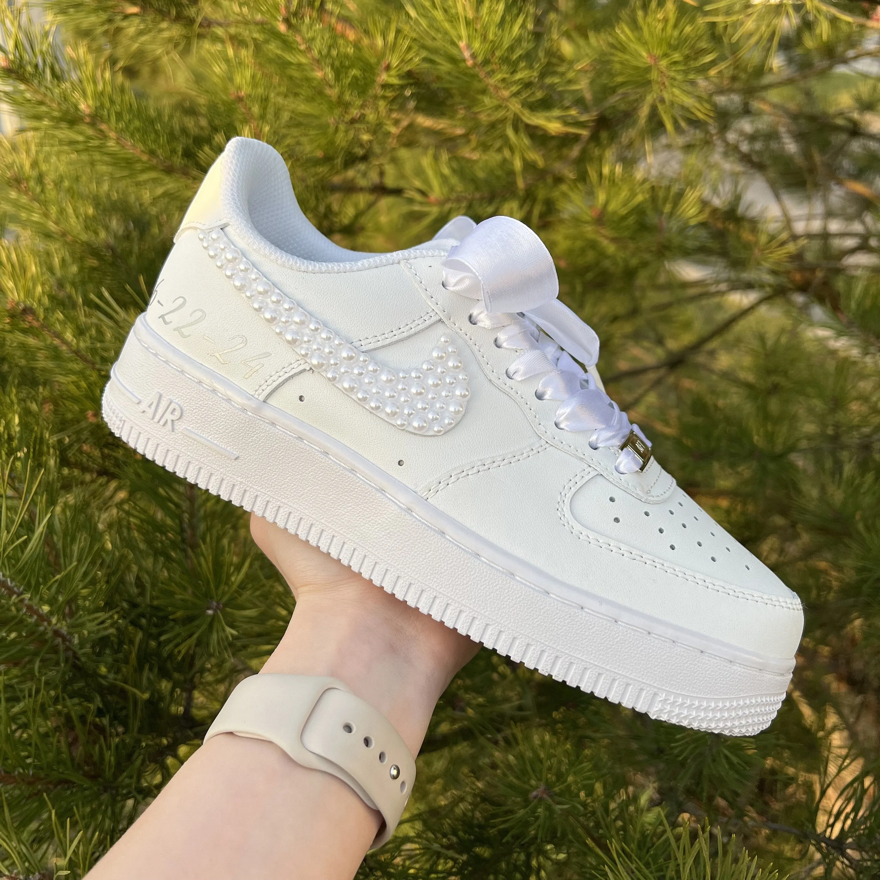 Pearl Ribbon Bridal Wedding Shoes Custom Air Force 1