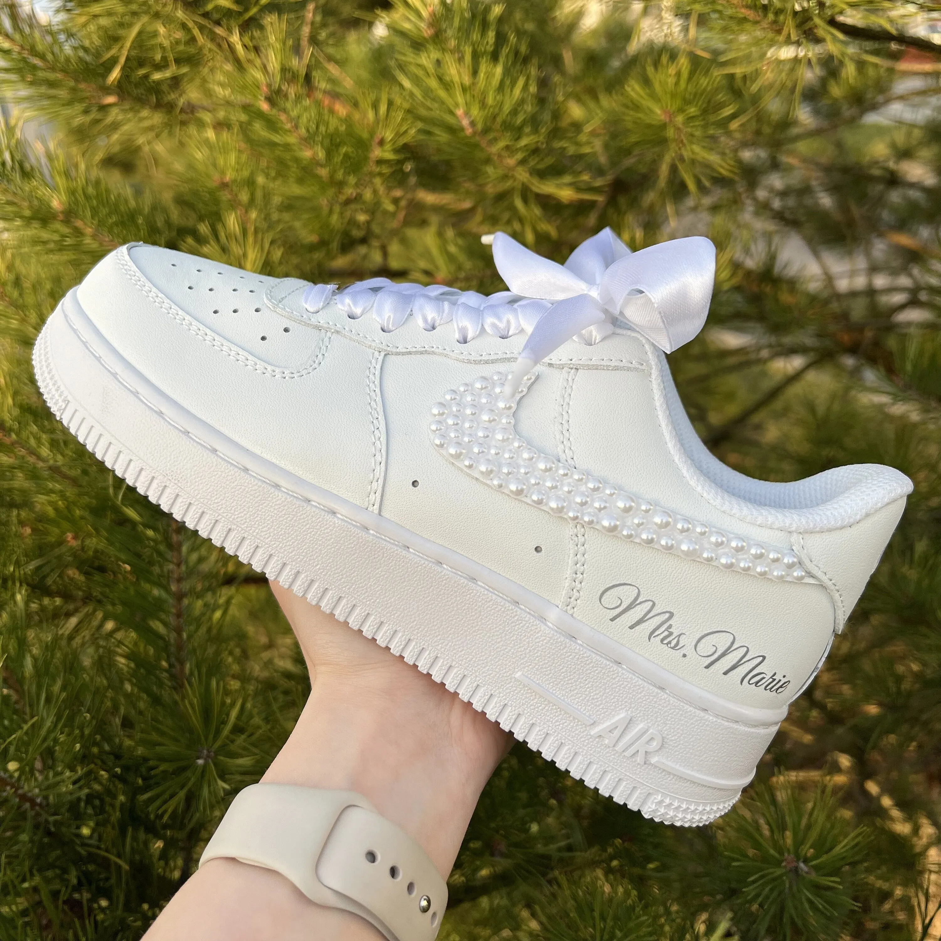Pearl Ribbon Bridal Wedding Shoes Custom Air Force 1