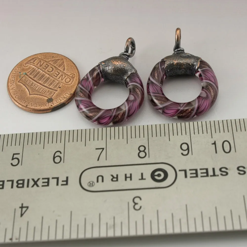Pink Black Goldstone Helix Twist Circle Pair with Copper Electroforming