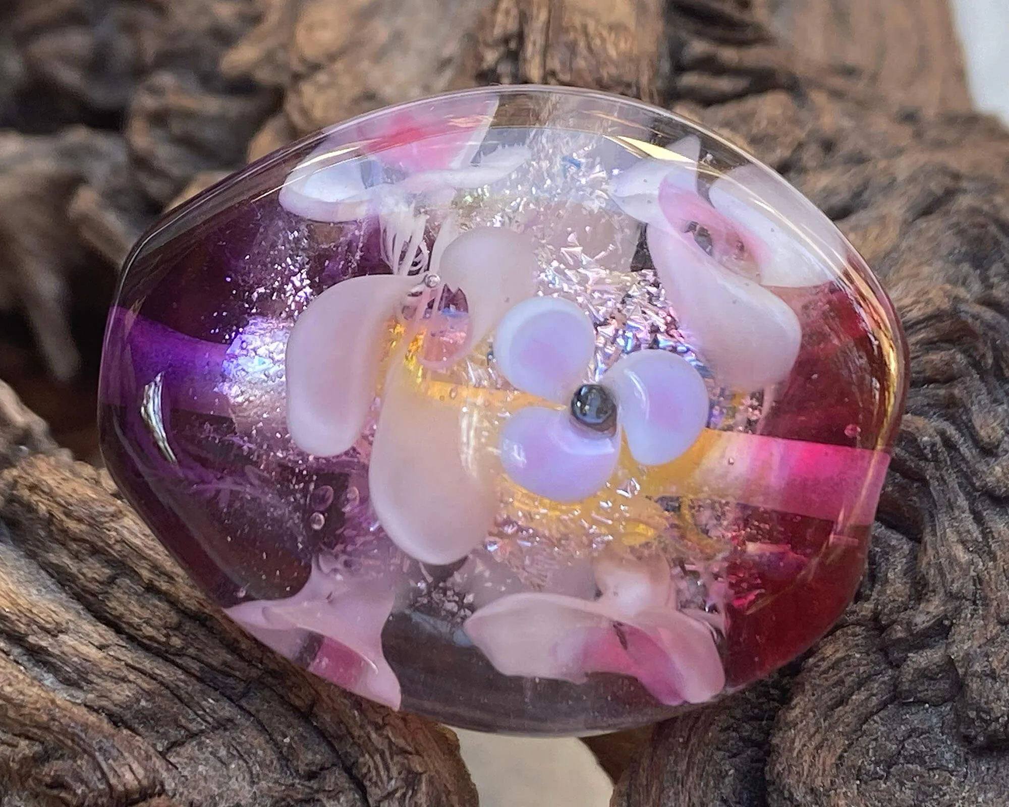 Pink Floral Dichroic Lampwork Focal Bead SRA