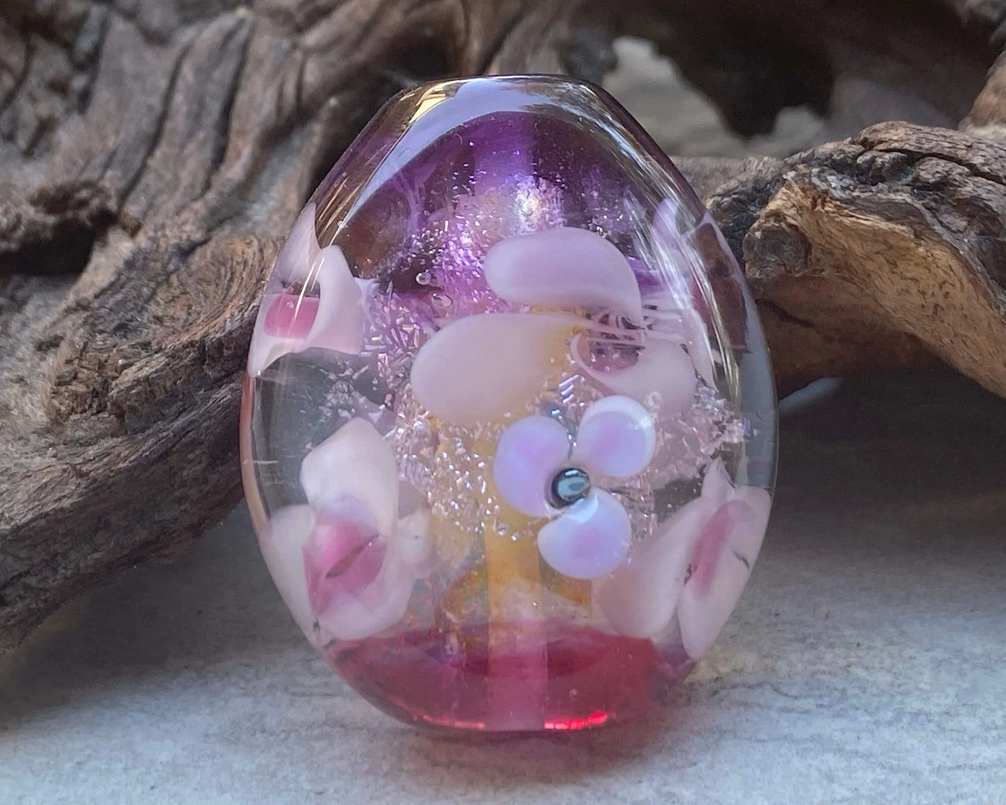 Pink Floral Dichroic Lampwork Focal Bead SRA